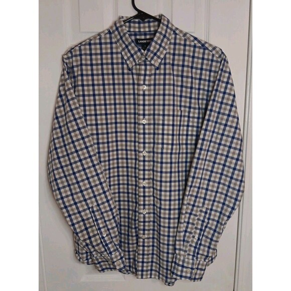 Lands End Mens Medium Button Up Long Sleeve Shirt Blue Check - Picture 1 of 5